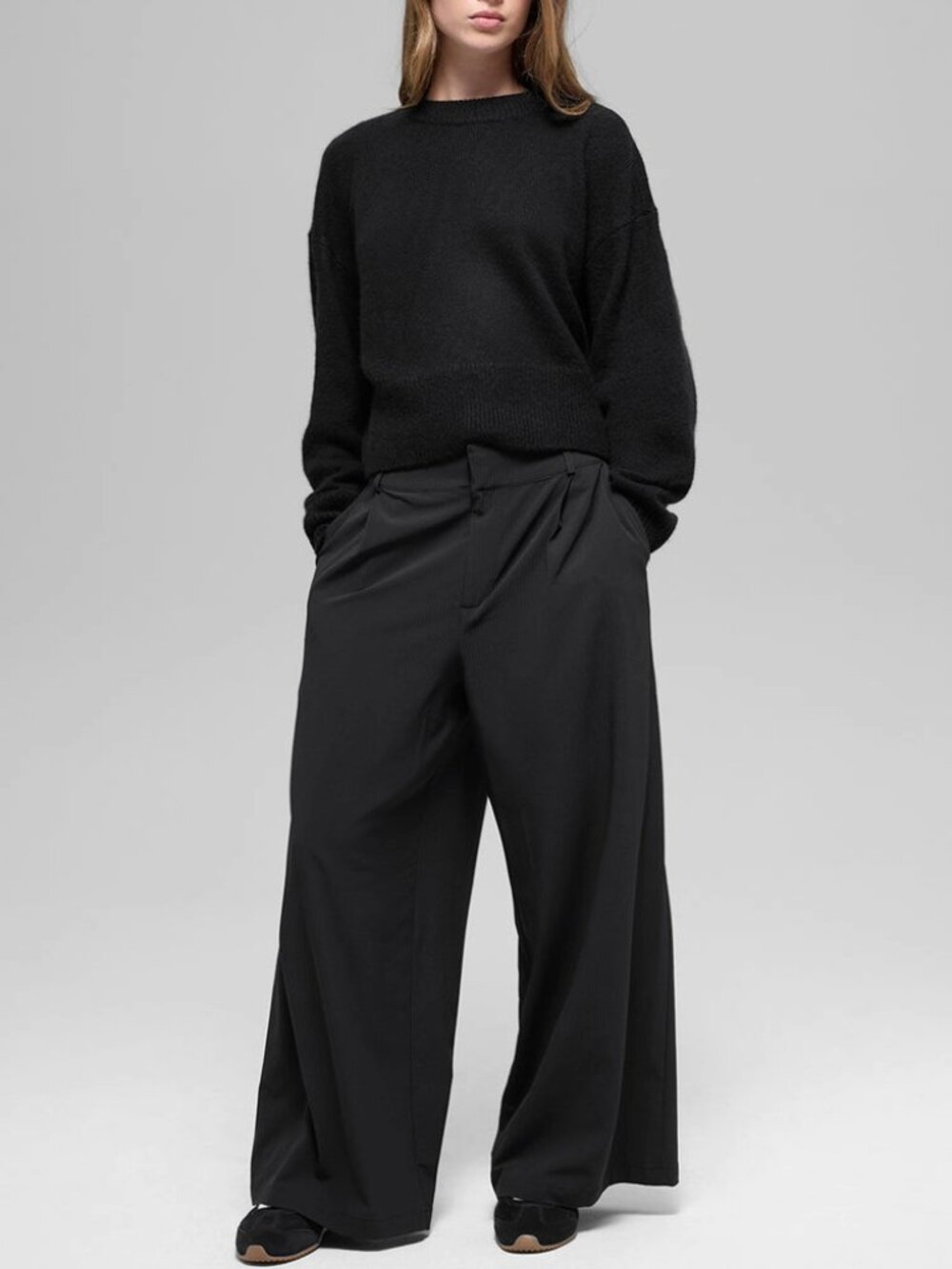 Alo Women L High Waist Dreamscape Trouser Pant Wide Leg Black Stretch Casual